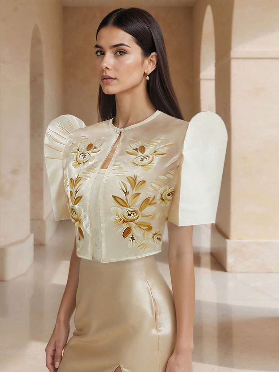 Amyenjoylife 现代菲律宾风情衬衫，蝴蝶袖菲律宾风情衬衫，印花衬衫，女士优雅印花时尚泡泡袖开衫披肩，女士正式优雅 - 香檳色 - 查看 1