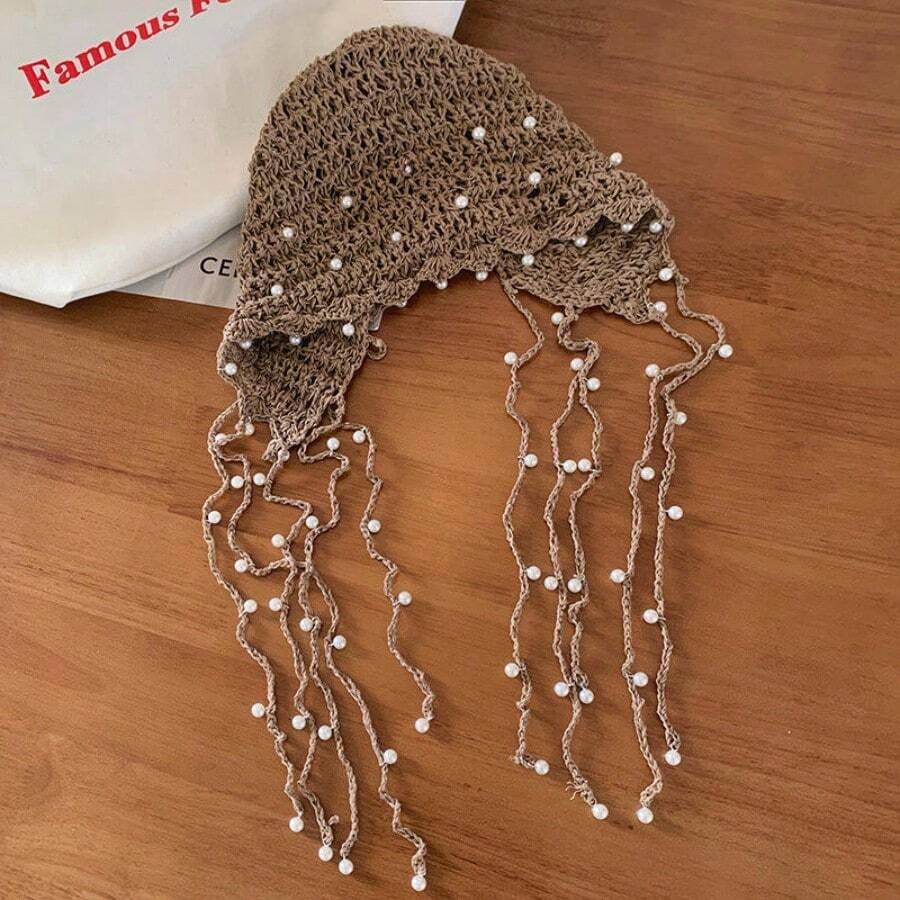1 PC Women's Elegant Lace Cutout Knit Beanie With Adjustable Drawstrings And Delicate Pearl Accents In Classic Solid Black Or White For Cozy Thermal Warmth And Cold Weather Protection Perfect For Fashionable Daily Wear Party Events Social Gatherings And Christmas Holiday Celebrations - 卡其色 - 查看 1
