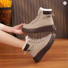 Women'S Winter High Top Fashion Lace-Up Boots - All-In-One Thick Warm Shoes With Flannel Lining, PVC Soles, Cloth Insole, Solid Color Thick Soled Casual Snow Boots - 卡其升級款 - 查看 5