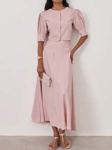Women's Elegant 2 Pieces Set, Round Neck Puff Sleeve Cropped Top Paired With Maxi Skirt, Casual Bohemian Style, Summer - Pink - View 6
