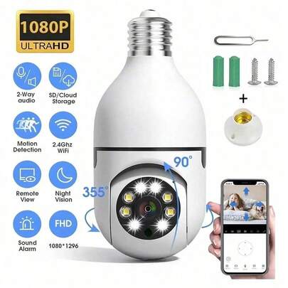 Cámara de vigilancia con bombilla Wifi de 1080P, Cámara De 1080p Wifi Hd, visión nocturna a color, rotación de 360°, seguimiento automático de personas, comunicación bidireccional, hogar inteligente