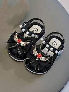 Girls' Pearl Heart Sandals, Korean Style Fashion Soft Bottom Sandals - Black - View 4