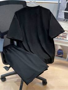 Boys'Casual Print Round Neck Short Sleeve T-Shirt Set, Summer Top - 黑色 - 查看 2