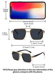 1副男士金色方形PC框复古双梁街头风度假时尚眼镜 - 金色 - 查看 4