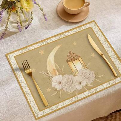 1pc Ramadan Crescent Moon Oil Lamp Print Linen Placemat, Rectangular Design, Suitable For Restaurant Atmosphere Decoration, Heat Insulation, Western-Style Placemat