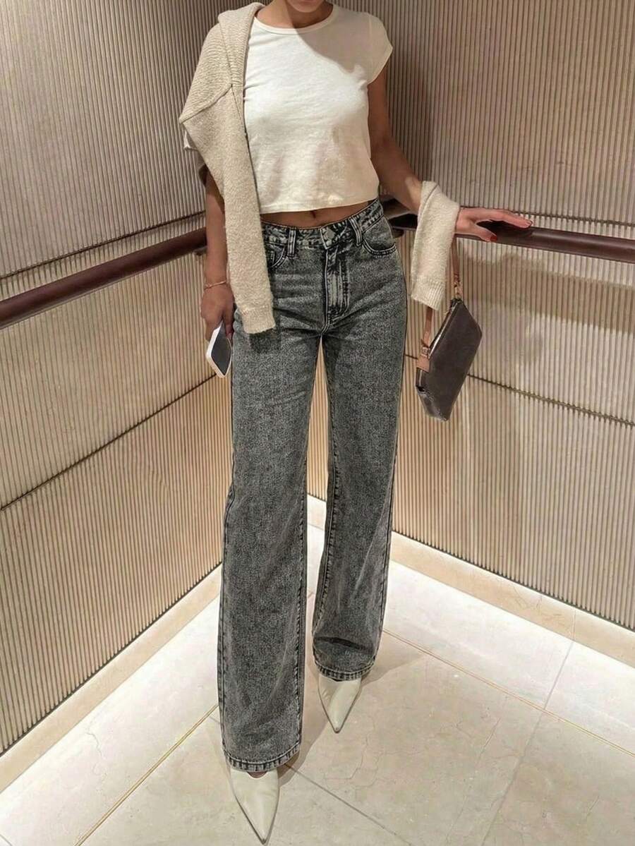 Women's Straight Leg Jeans, Classic Button Fly, Slant Pockets Design, Casual & Comfortable, Versatile For Daily Wear - Grey - View 1