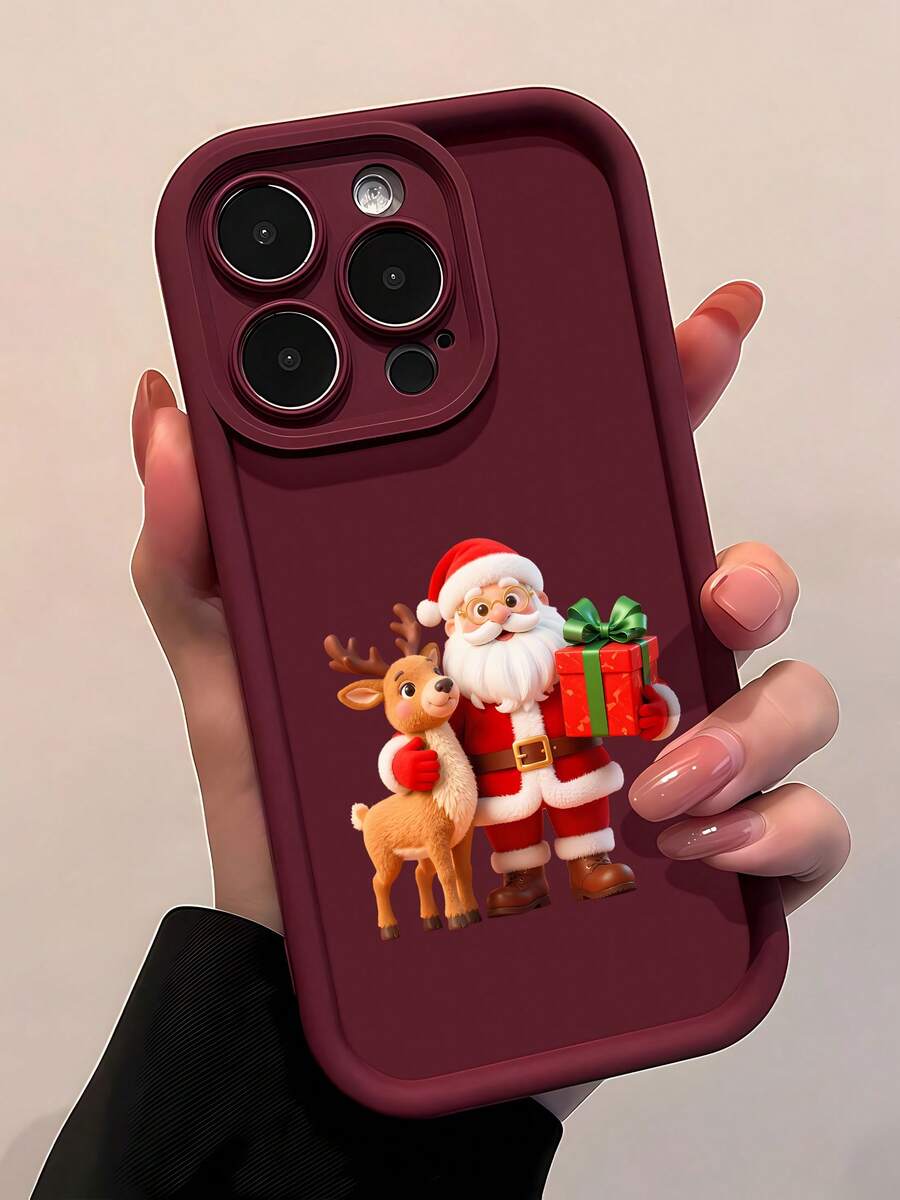 Papá Noel y renos con regalos. Esta elegante funda es compatible con los modelos 16, 15, 14 Pro Max, 13, 12, 11, XR y XS Plus. Fabricada en silicona TPU, ofrece protección contra golpes y caídas, además de una sensación superior. Es un regalo ideal para familiares, amigos y seres queridos, y una opción perfecta para Navidad. - Burdeos - Ver 1