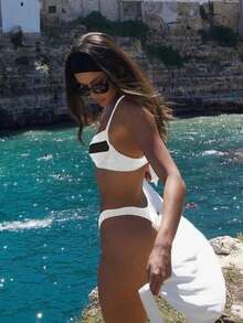 بكيني جديد للربيع/الصيف بألوان متباينة جذابة للنساء، مناسب لعيد الحب، عطلة الشاطئ، الحفلات، المواعدة - أبيض وأسود - مشاهدة 2