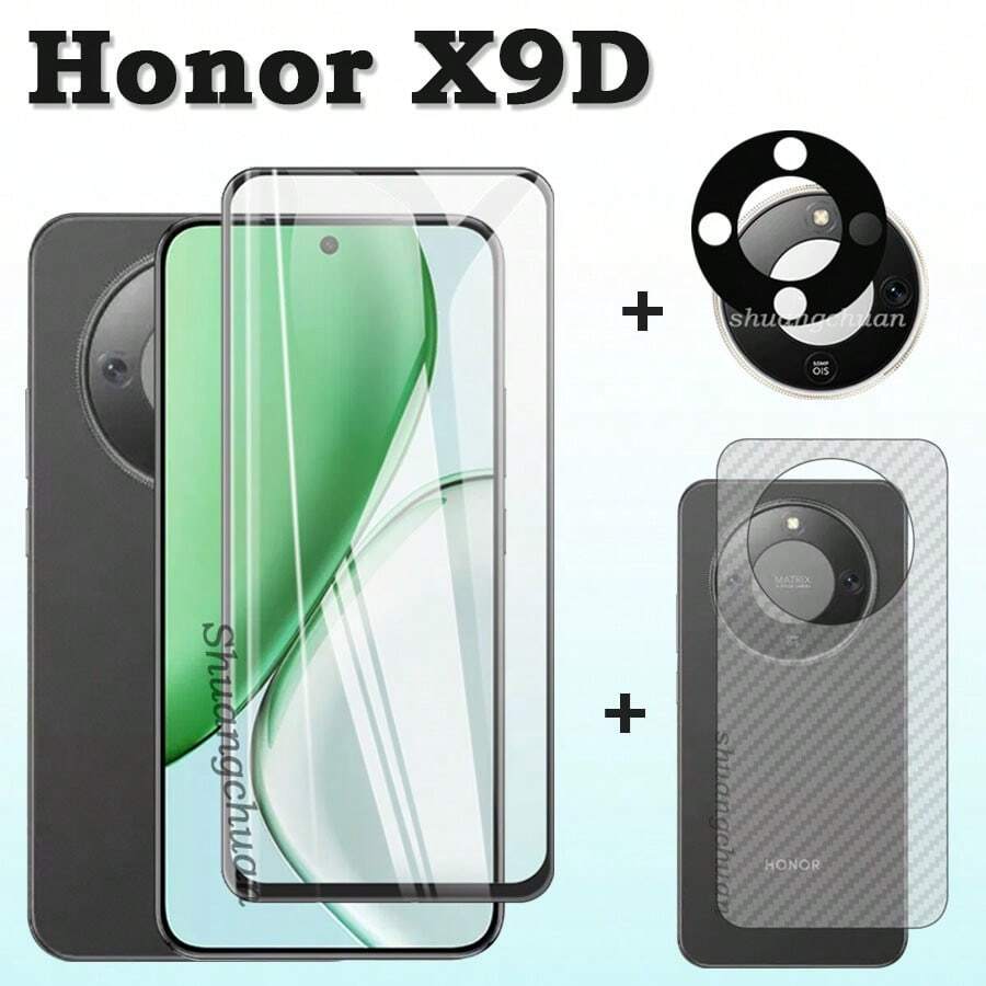 适用于荣耀X9D的3合1钢化玻璃屏幕保护膜套装：全屏印刷钢化玻璃膜、镜头钢化玻璃膜、纤维贴纸