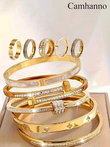 10/1 套装奢华不锈钢手链戒指组合，百搭时尚，优雅配饰，送给女朋友的最佳礼物 - 彩色 - 查看 28