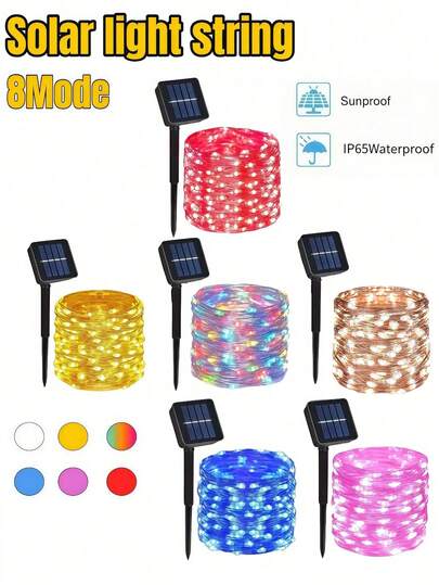 一套太阳能灯串，8种户外防水照明模式，铜线灯，50-300颗LED灯珠，可DIY，适用于花园、庭院、露营、派对、婚礼、圣诞树、圣诞节、万圣节、情人节装饰（暖白/白/彩色/粉色/蓝色/红色）
