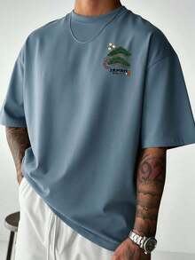 Men's Casual Versatile Simple Japanese Crane Print Short Sleeve T-Shirtgraphic Tee  Shirts - 霧霾藍 - 查看 2