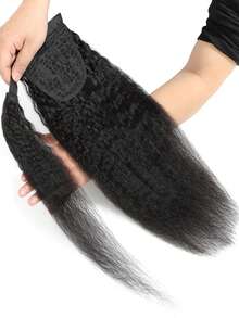 卷曲直发马尾接发片，真人发夹式马尾接发，自然黑色马尾接发片，真发Remy发片，长款卷曲直发夹式真人发马尾接发片，30英寸 - SNatural - 查看 6