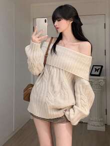 Autumn/Winter Sweet Girl Twist Cable Knit Off-Shoulder Long Sleeve Off Shoulder Loose Fit Thick Sweater Top - White - View 1