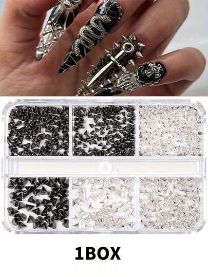 1BOXs Y2K Punk Metal Rivet Nail Charms Cone Mixed Sized Black Silver Gold Nail Art Studs 3D Stylish Alloy Spike Nails Decora,Y2K Style Women's Decorative Nail Art Accessories, Suitable For Makeup Styling Products, Nail Sets - Nail Art Accessories - Gothic Nail Decorations