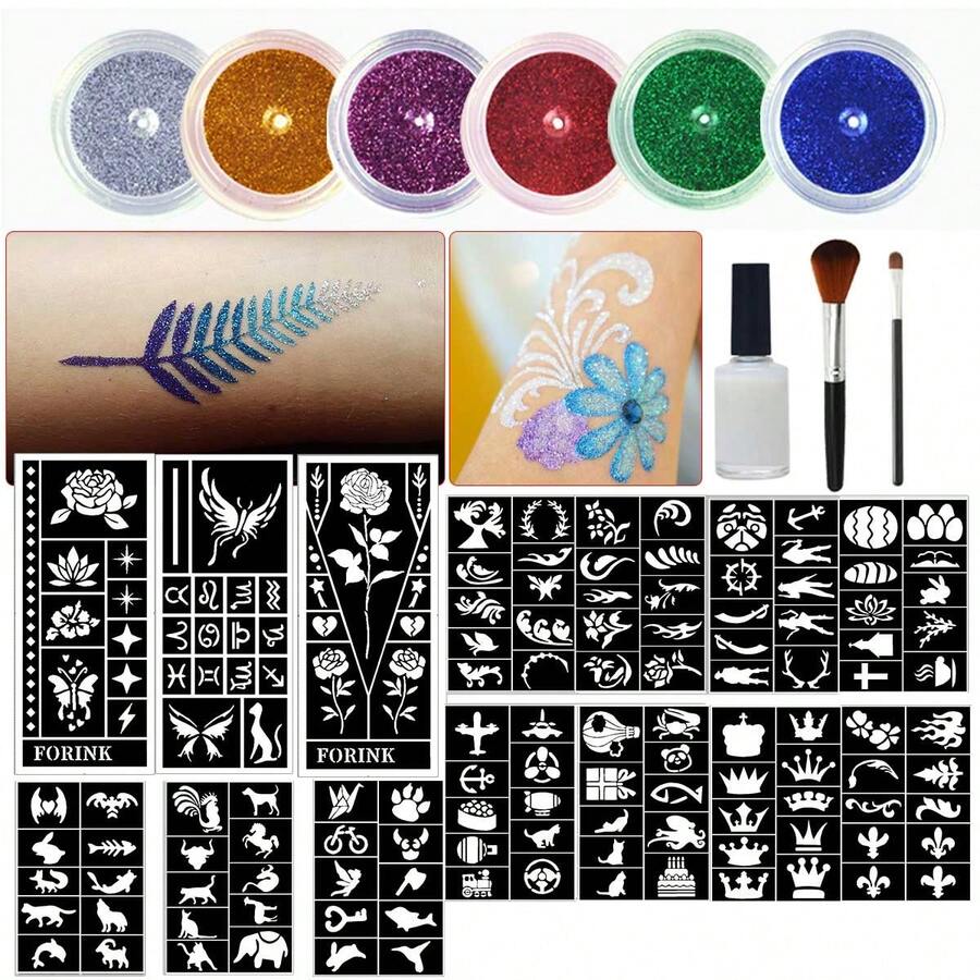 Temporary Glitter Tattoos Set With Hollow Stencil Sheets For Sparkling Body Art, Brushes, Body Glue, Metallic Glitter, Perfect For , Face & Body Makeup Kit For Music Festival, Valentine's Day, Carnival/Masquerade - 彩色 - 查看 1