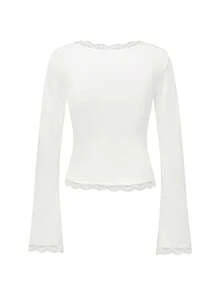 Women's Y2K Lace Trim T Shirt Top Blouses Long Flare Sleeve Square Neck Low Cut Slim Fit Tee Shirt Crop Tops Spring Fall Casual Daily Going Out Tops Aesthetic Clothes Party Club Streetwear - White - View 5