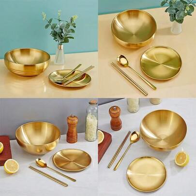 1pc Stainless Steel Golden Bowl Set, Rust Proof, Easy To Clean, Suitable For Fruits, Noodles, Salads, And Baking - Multi-Purpose Kitchen Utensils For Home Restaurants