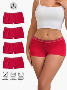 LianShengFa 4条装字母爱心图案无缝低腰女士三角裤，0.9英寸低腰提花透气镂空设计高弹提臀无缝内裤，舒适透气柔软日常穿着无标签内裤 - 紅色 - 查看 1