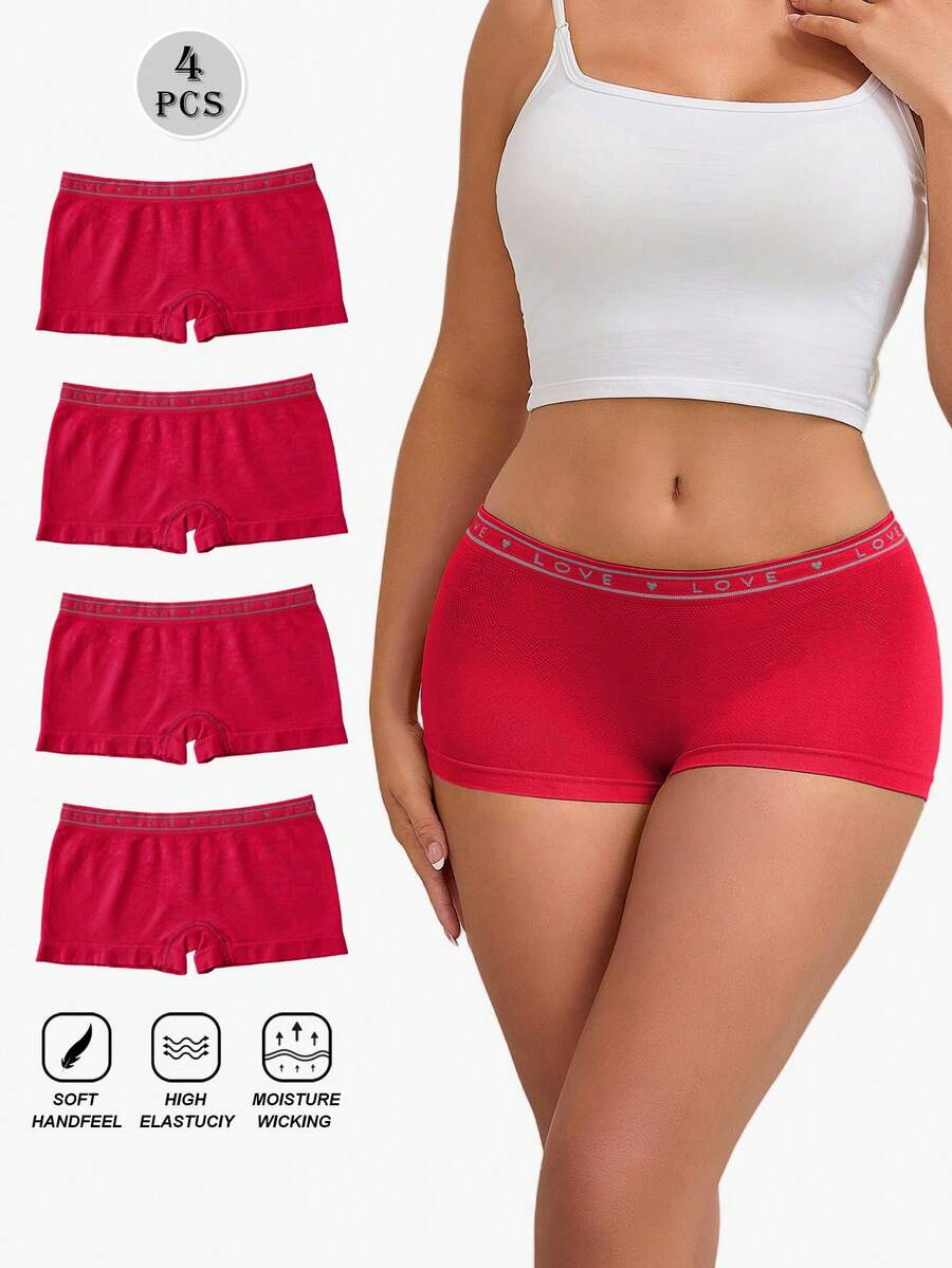 LianShengFa 4条装字母爱心图案无缝低腰女士三角裤，0.9英寸低腰提花透气镂空设计高弹提臀无缝内裤，舒适透气柔软日常穿着无标签内裤 - 紅色 - 查看 1