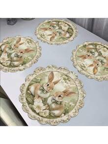 一套4/6个复活节兔子、彩蛋和郁金香图案圆形餐垫，复活节快乐装饰餐垫，防滑布艺桌垫，耐热，仅限干洗，节日餐饮和派对装饰 - 15英寸 - 彩色 - 查看 6