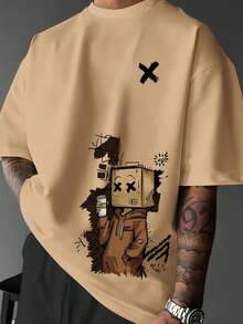 Men's Round Neck Short Sleeve Printed Streetwear T-Shirt - Summer  Fashion Doll Graffiti Casual Street Short Sleeve T-Shirt For Friends And Family, Casual For Spring And Summer - Màu Khaki - Xem 8