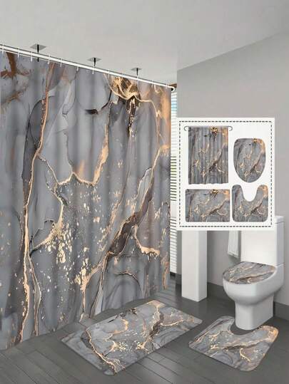 Juego de 1/4 piezas de cortina de baño con textura de mármol, incluye cortina de baño, alfombra de baño antideslizante, tapa de inodoro en forma de U y tapa de inodoro
