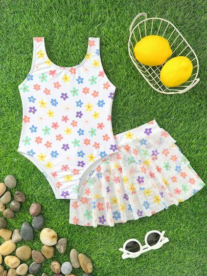 Young Girl Colorful Floral Print One-Piece Swimwear And Multi-Layer Mesh Skirt 2 Pieces Set