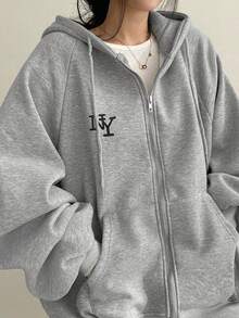 YCYC Korean Style Versatile Casual Letter Print Women's Long Sleeve Open Front Hooded Sweatshirt, Autumn/Winter - Grey - View 2