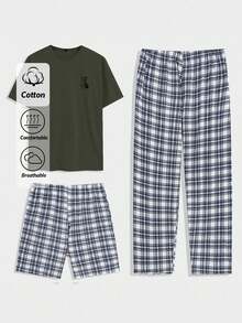 Men Plaid Printed Casual Regular T-Shirt & Pants & Short Homewear Set - Army Green - View 1