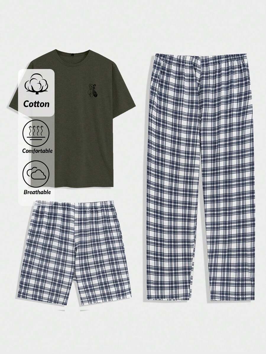 Men Plaid Printed Casual Regular T-Shirt & Pants & Short Homewear Set - Army Green - View 1