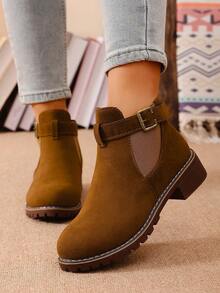 2025 Bestselling Brown Lace-Up Strap Buckle Short Boots For Women, Low Heel, Wide Fit, Chelsea Style, Fashion, Comfortable, Versatile - Brown - View 1