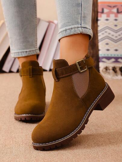 2025 Bestselling Brown Lace-Up Strap Buckle Short Boots For Women, Low Heel, Wide Fit, Chelsea Style, Fashion, Comfortable, Versatile