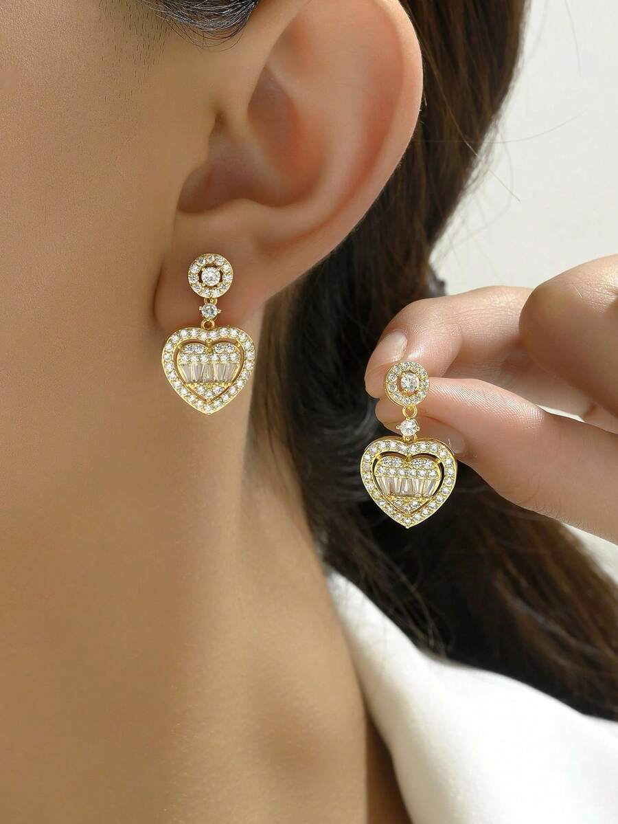 一对简约光滑心形耳钉，优雅气质，适合日常佩戴和通勤（OPP袋包装） - 金黃色 - 查看 1