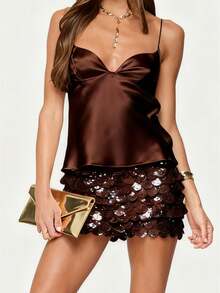 Women Satin Camisole Top Sleeveless Spaghetti Straps Low Cut Party Going Out Blouses - màu nâu - Xem 1