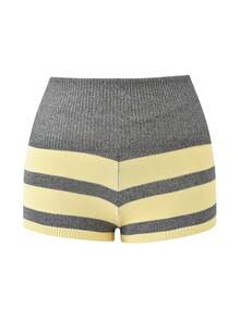 Women Striped Knit Micro Shorts Fold Over Elastic Waist Slim Fit Mini Bottom Y2k Lounge Sweater Shorts - 黃色 - 查看 6