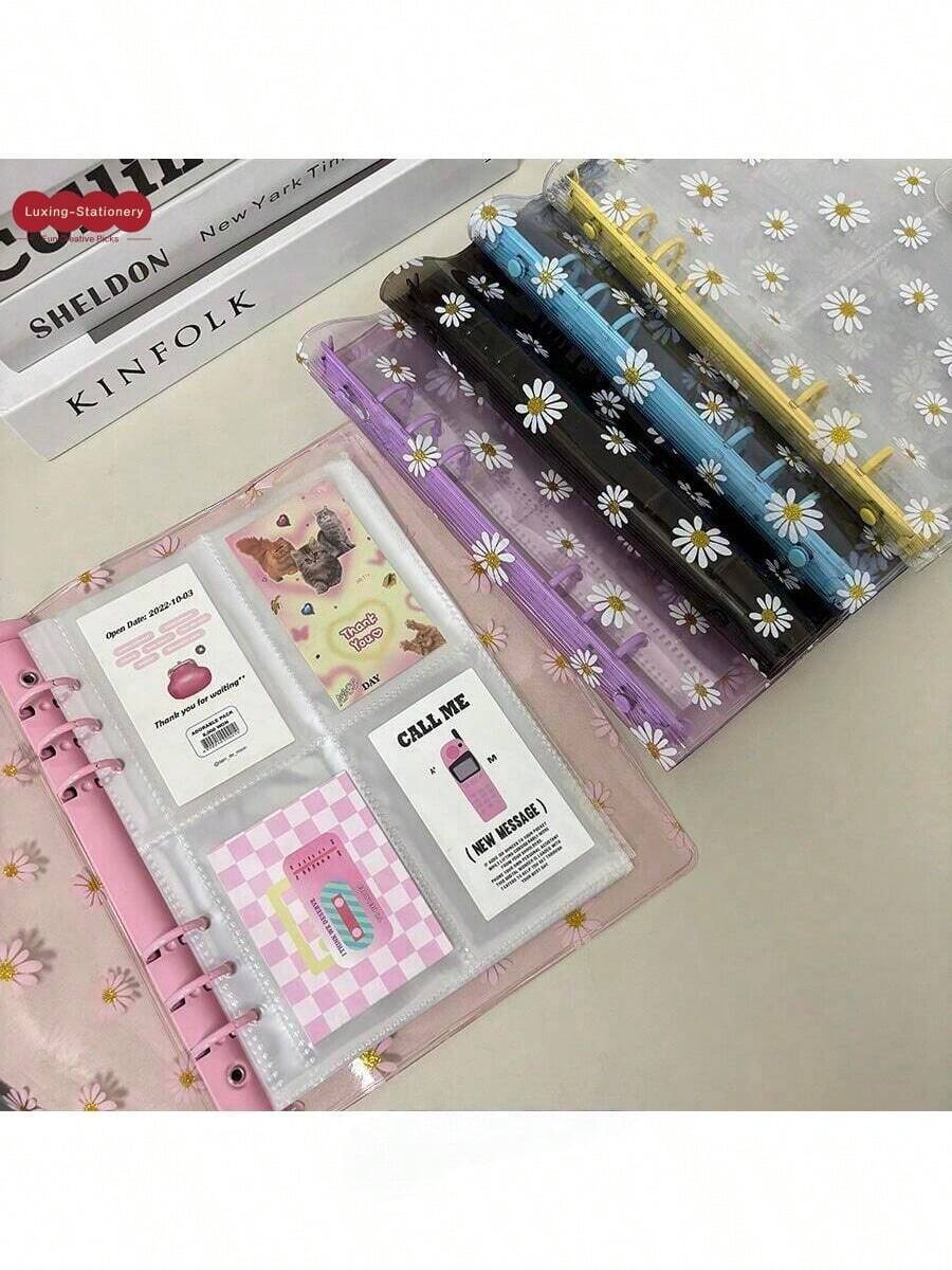 1个A5六孔雏菊活页夹封面，照片相册内芯套装（含10张4格内页），DIY文具收纳笔记本，返校必备，适合上班族、学生、文具收藏家和照片整理爱好者。