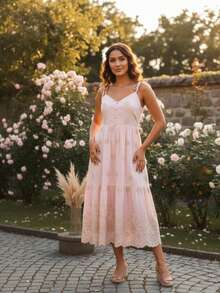 Women's Midi Dress With Tie Straps In Lace. - Rusty Rose - View 2