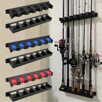 Easy To Install Black Fishing Rod Wall Mount Rack, High Density Foam Handle Storage Box, Durable, Holds Up To 6 Rods, Suitable For Outdoor, Home, Garage, Multi-Slot Design For Convenient Storage And Space Saving, Fits Various Fishing Rods And Rod Holders, Enhances The Aesthetics Of The Fishing Area.