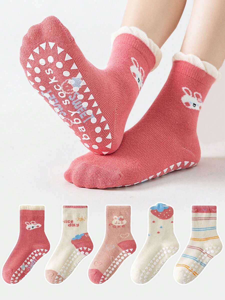 5 đôi tất cao su chống trượt họa tiết thỏ dâu hoạt hình cho bé trai bé gái, tất đi trong nhà đế mềm, dài đến bắp chân, thích hợp để mặc hàng ngày - Nhiều màu - Xem 1