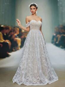 Anpoket New Arrival Off Shoulder Delicate Wedding Dress Embroidery A-Line Dress - White - View 5