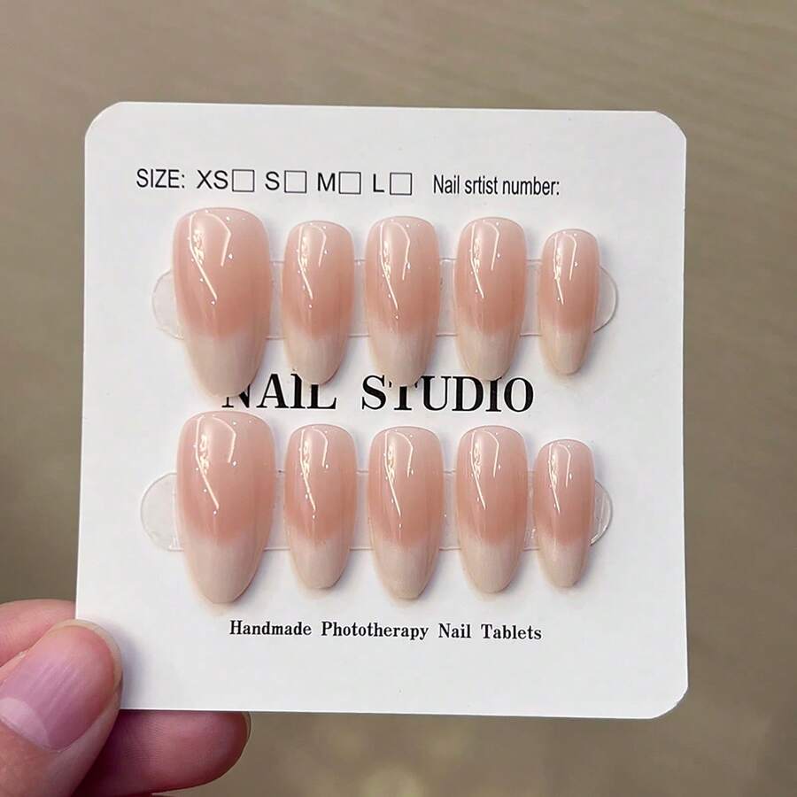 10片/盒 Y2K 手工中杏仁色乳白色渐变法式美甲贴纸，加厚款，包含1片果冻胶和1个指甲锉，手工美甲，适合女性和女孩日常、派对和聚会美甲。