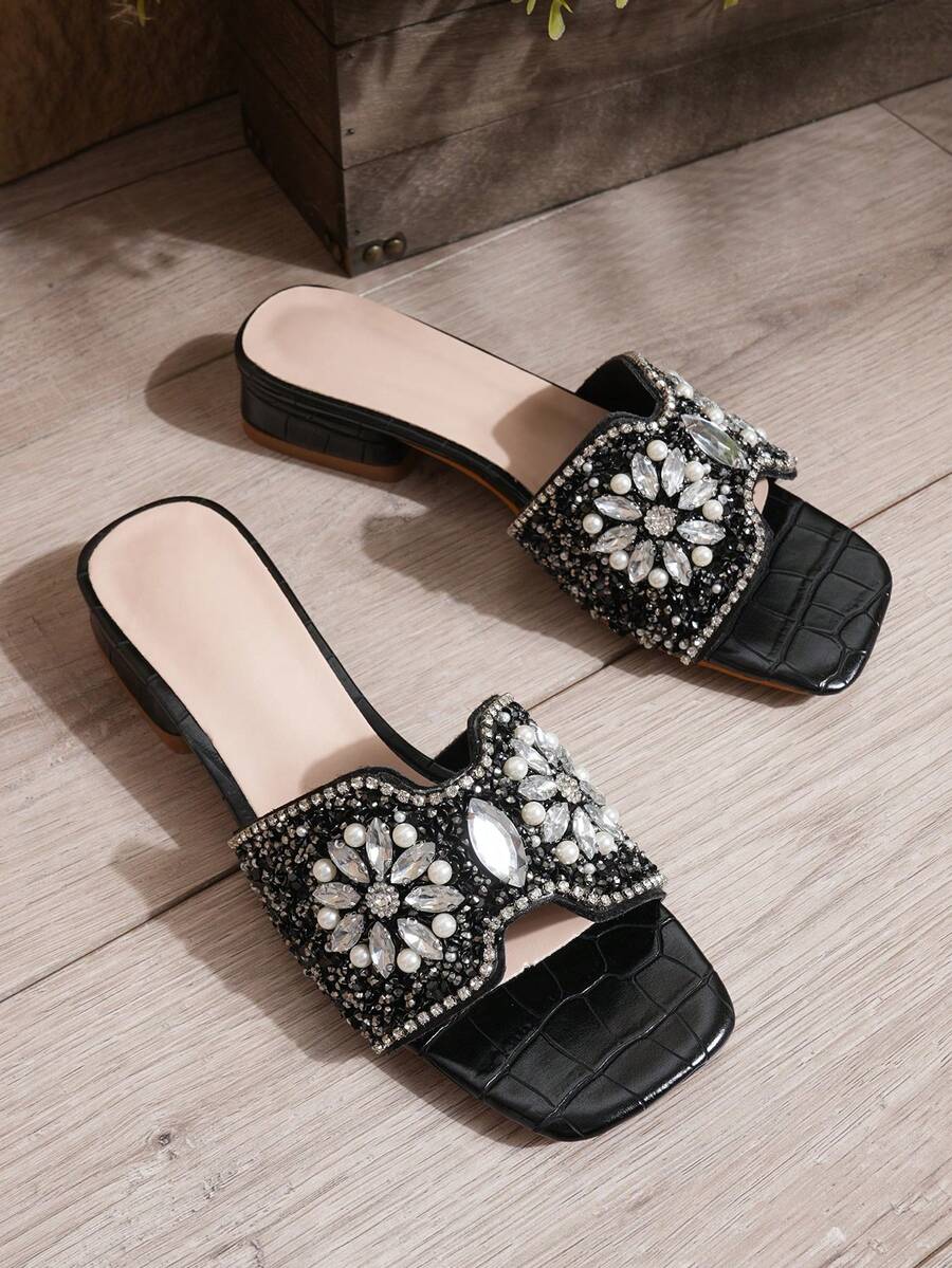 Fashionable New Women's Sandals, Strap Wide Toe Faux Pearl & Rhinestone Decor, Sexy Open Toe, Versatile Casual Low Heel Sandals For Summer - Black - View 1
