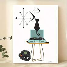 1pc Unframed Canvas Posters, Atomic Cat, Retro Wall Arts, White, Black, Mid Century Modern Record Player Poster Wall Art For Living Room, Wall Decor For Bedroom, Home Decor Room Decor - Multicolor - View 5