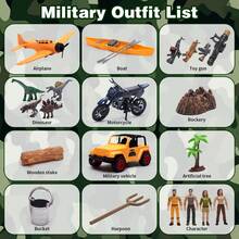 这款25件套玩具车套装专为身着军装的男孩设计，包含4种恐龙模型、汽车和战斗机，配有人偶、仿真山脉、仿真树木、火箭发射器等配件，支持搭建冒险场景和角色扮演，适合作为男孩生日派对游戏礼物、圣诞礼物、儿童玩具或男孩玩具。 - 彩色 - 查看 2