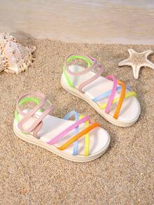 1 Pair Girls' Caramel Brown Faux Suede Three Buckle Open-Toe Sandals, Featuring A Synthetic Suede Upper, Secured With Three Buckles And A Rear Strap, Low-Top Design With Flat Soft Sole. These Versatile Casual Girls' Shoes Are Perfect For Weekend Shopping Or Children's Afternoon Tea Outings - 淺粉色 - 查看 5