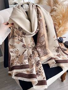1 Khăn choàng/khăn choàng ấm áp bằng vải cashmere giả jacquard họa tiết hoa và cây thanh lịch, đa năng cho phụ nữ, thích hợp cho mùa thu/đông, phù hợp để mặc hàng ngày và trang trí - Màu cà phê - Xem 6
