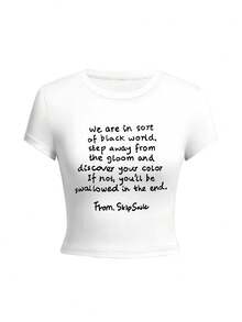 Women's Round Neck Short Sleeve T-Shirt, American Style Babe, Summer New Letter Print, Slim Fit Fashion Cropped Top - White - View 3