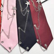 Corbata Ajustable Preatada para Mujer, Estilo Punk, con Cadena De Metal, para Fiestas Escolares O Informales. - Vino tinto - Ver 4