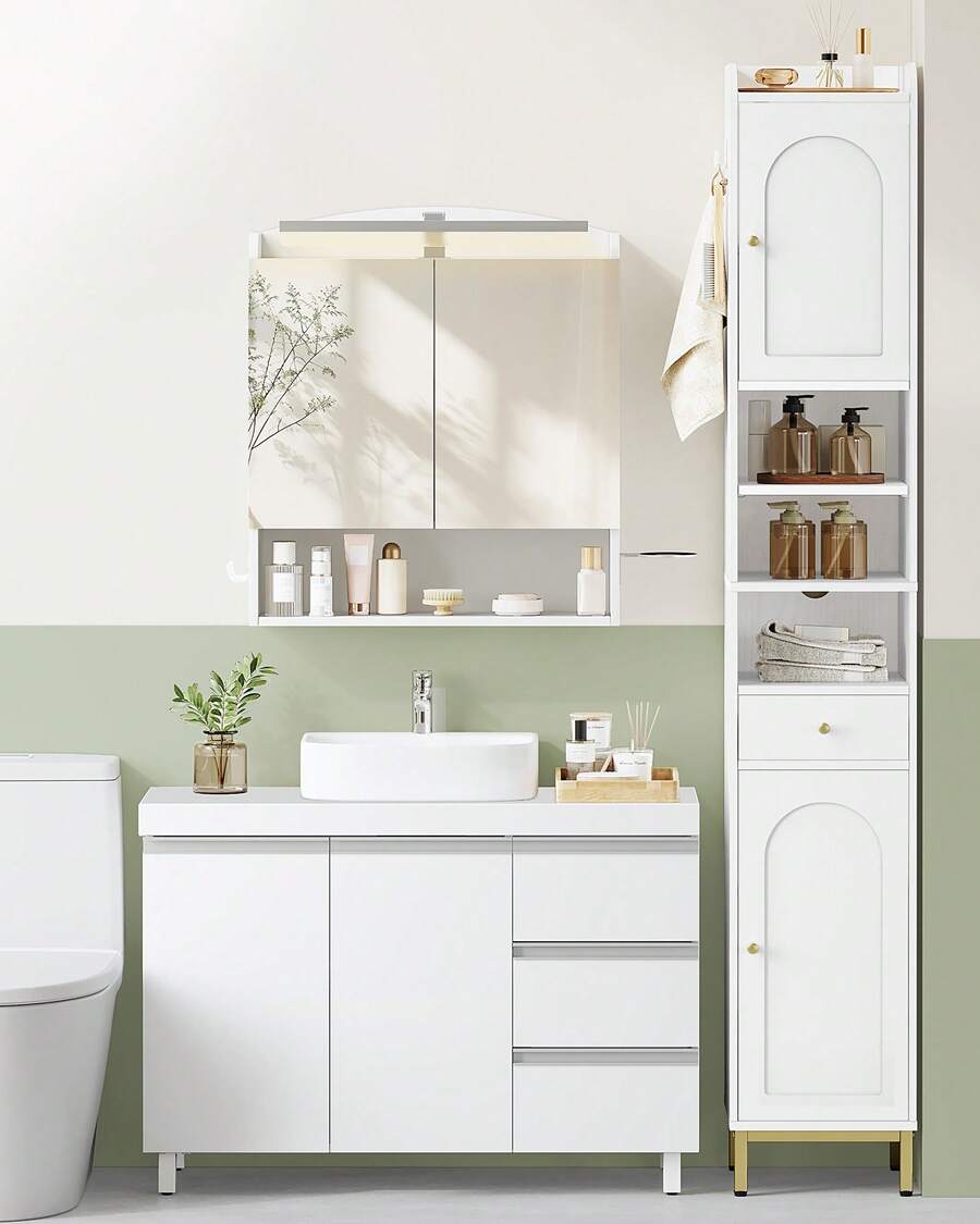 HEXCELEN Bathroom Vanity Unit With 3 Drawers, Bathroom Cabinet, 2 Doors, 2 Compartments Behind Doors, Freestanding Vanity Unit, 30 X 90 X 64 Cm, White - 白色 - 查看 1